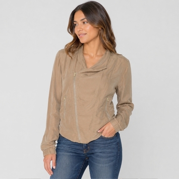BlankNYC Faux Silk Bomber Jacket in Tan