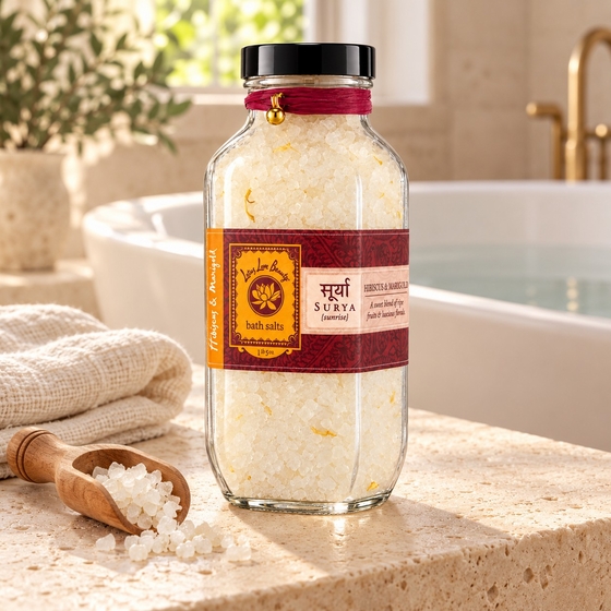 Lotus Love Beauty Bath Salts in Glass Bottle ( Surya (Hibiscus & Marigold) )