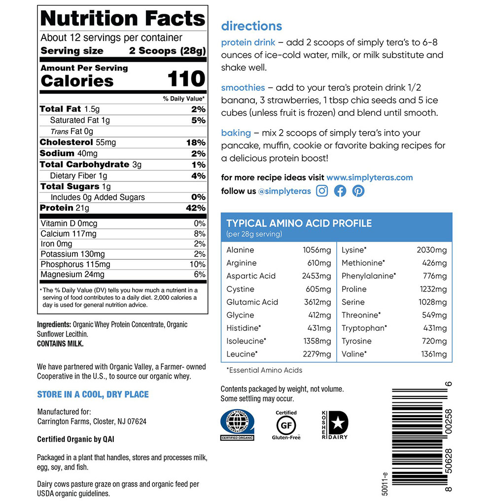 Buy Simply Tera's Organic Whey Protein Plain Unsweetened 12 oz