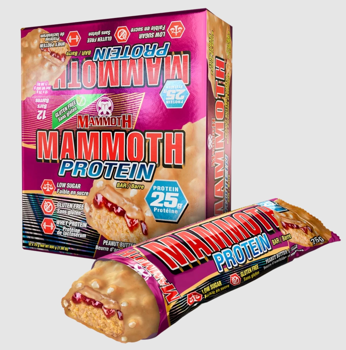 Mammoth Protein Bar 25g Protein Peanut Butter & Jelly Flavor 12 Bars