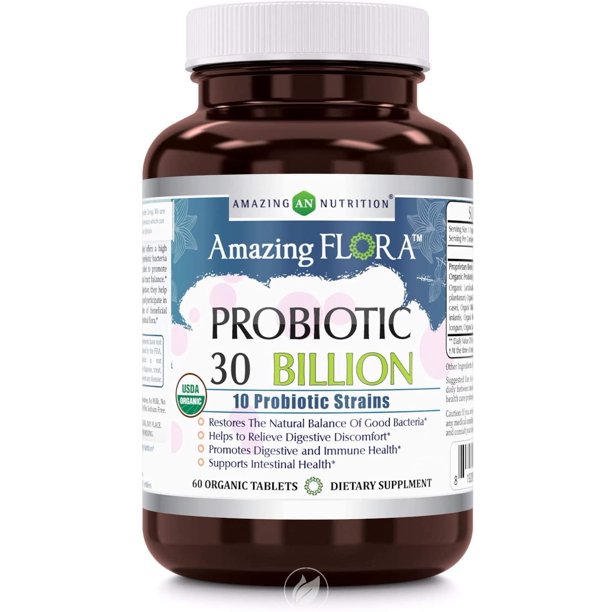 Amazing Nutrition Amazing Flora USDA Certified Organic Probiotic 30 Billion 10 Probiotic Strains 60 tablet