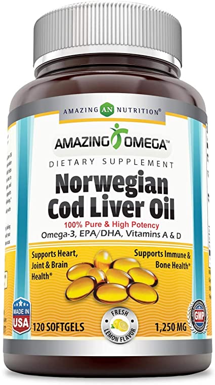 Amazing Nutrition Amazing Omega Norwegian Cod Liver Oil 1250 mg Fresh Lemon 120 softgel
