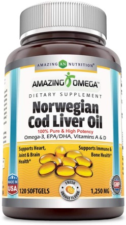 Amazing Nutrition Amazing Omega Norwegian Cod Liver Oil 1250 mg Fresh Orange 120 softgel
