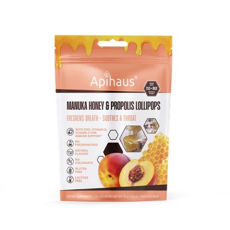 Apihaus Manuka Honey & Propolis Lollipops Peach 20pcs