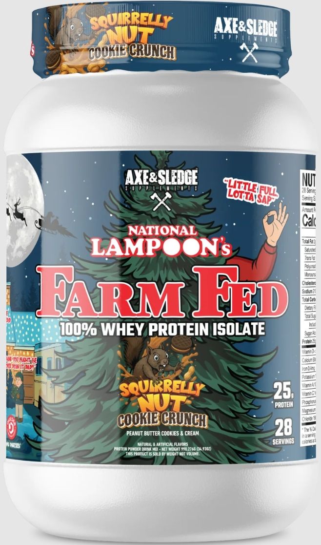 Axe & Sledge Farm Fed (Grass Fed 100% Isolate w/ Digesorb) 30serv  Nation Lampoon's Squirelly Nut Cookie Crunch