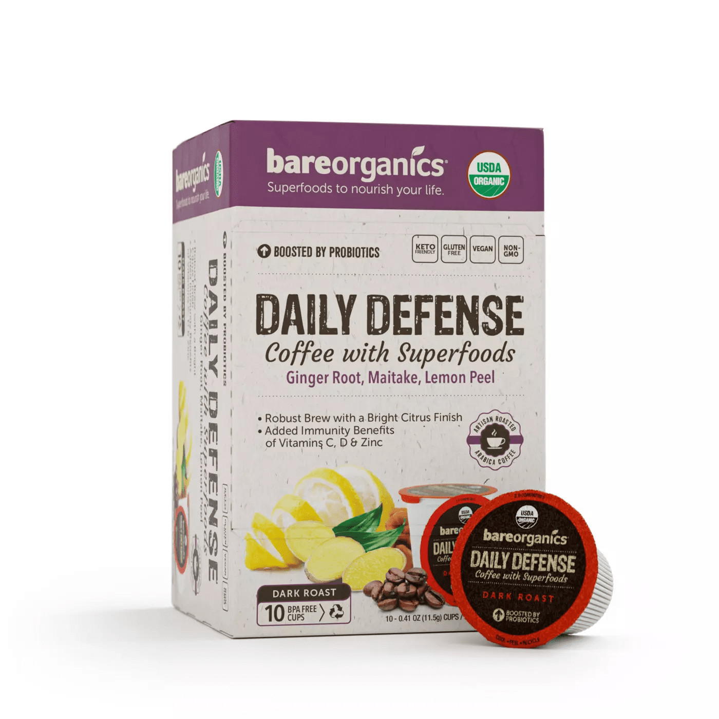 Bare Organics Daily Defense Coffee w/ Superfoods Single Serve Cups 10 ct