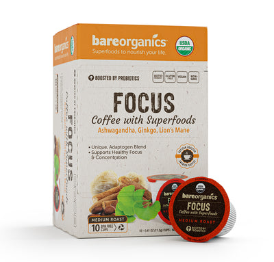 Bare Organics Organic Focus Coffee w/ Superfoods Single Serve Cups 10 ct