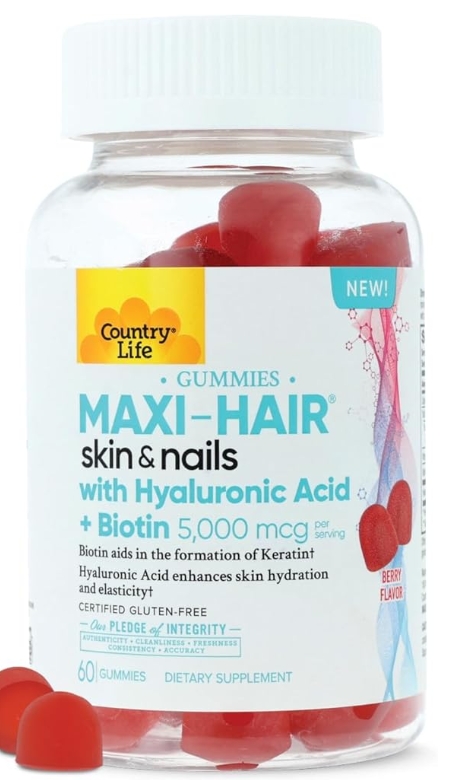 Country Life Maxi-Hair Skin & Nails Gummies with Hyaluronic Acid & Biotin 5,000 mcg 60 Gummies