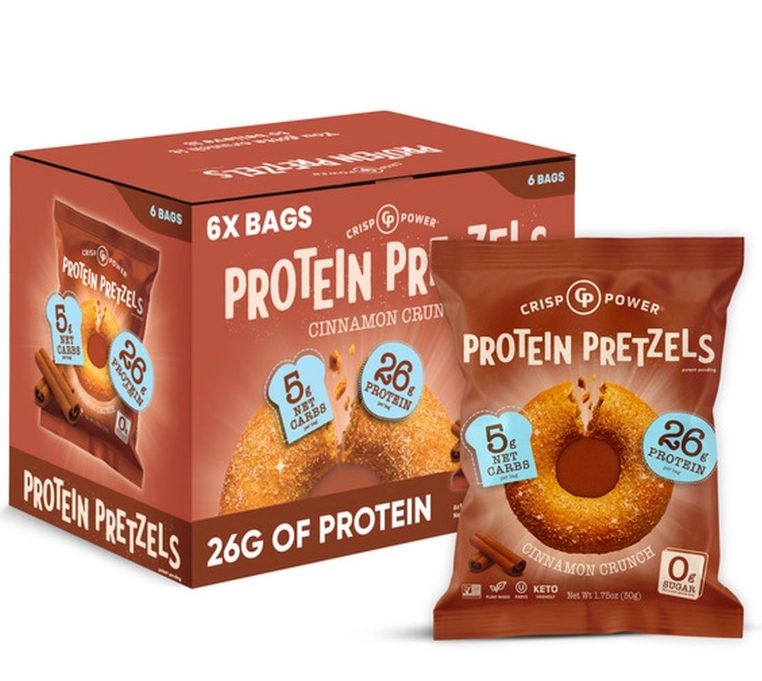 Crisp Power Protein Pretzels 26g Protein Cinnamon Crunch Flavored. (6 Bags)