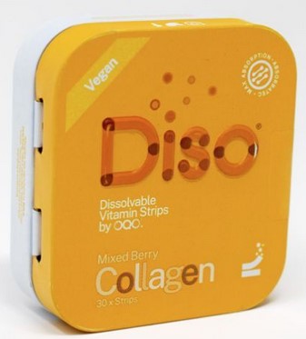 DISO Collagen Boost Dissolvable Supplement Strips Mixed Berry Display 6 pouches of 5 strips