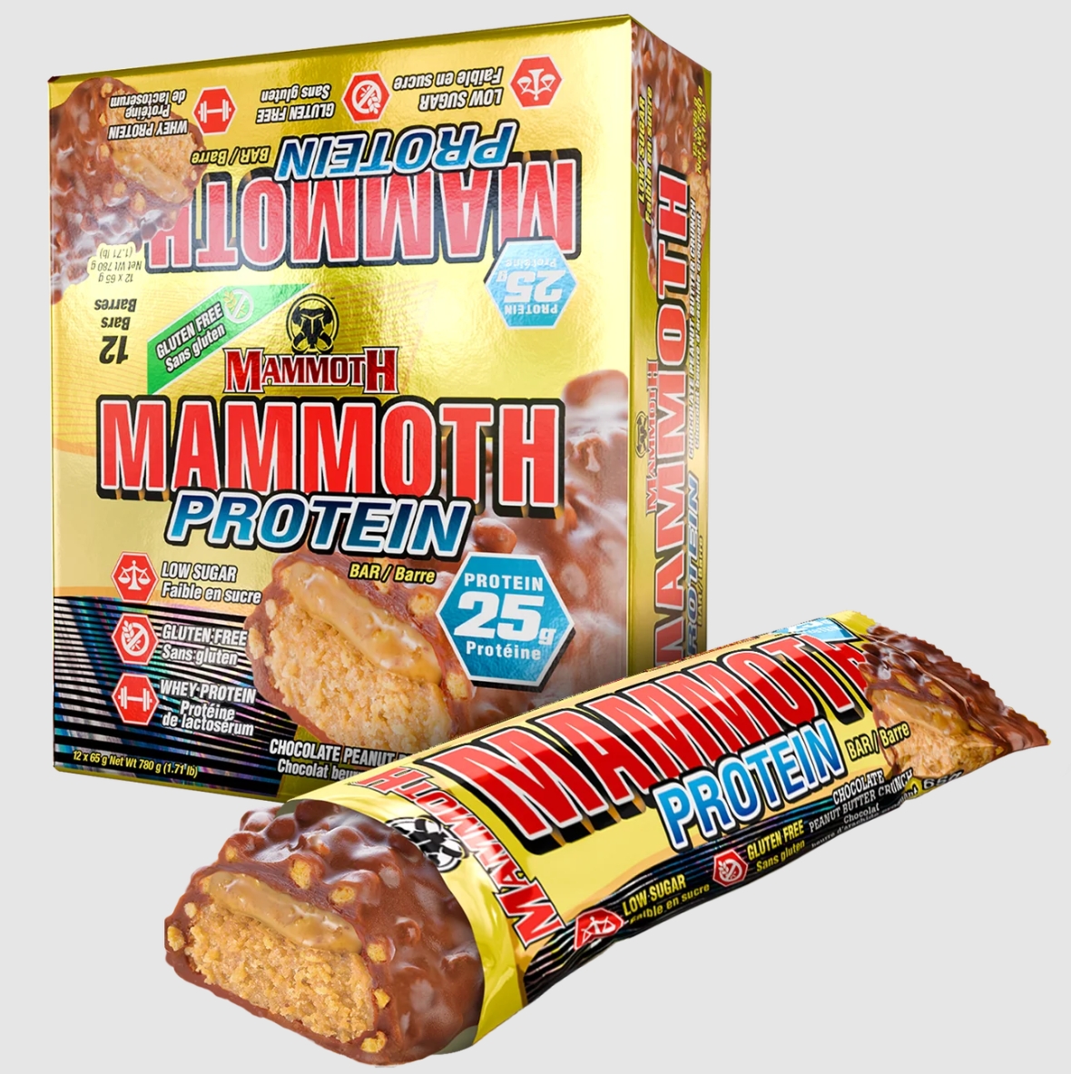 Mammoth Protein Bar 25g Protein Chocolate Peanut Butter Crunch Flavor 12 Bars