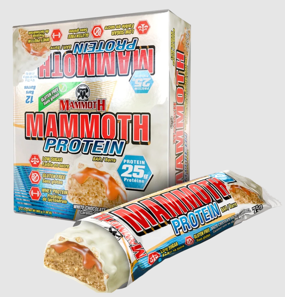 Mammoth Protein Bar 25g Protein White Chocolate Salted Caramel Flavor 12 Bars