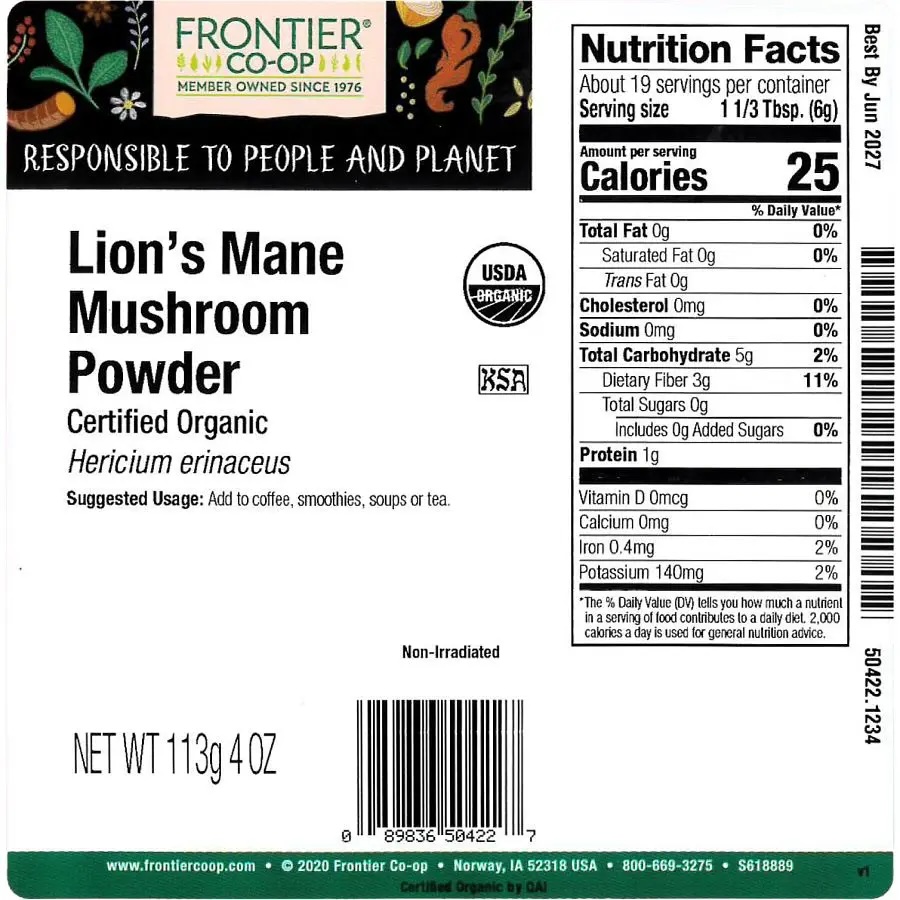 Frontier Lion's Mane Mushroom Powder, Organic 1/4 lb