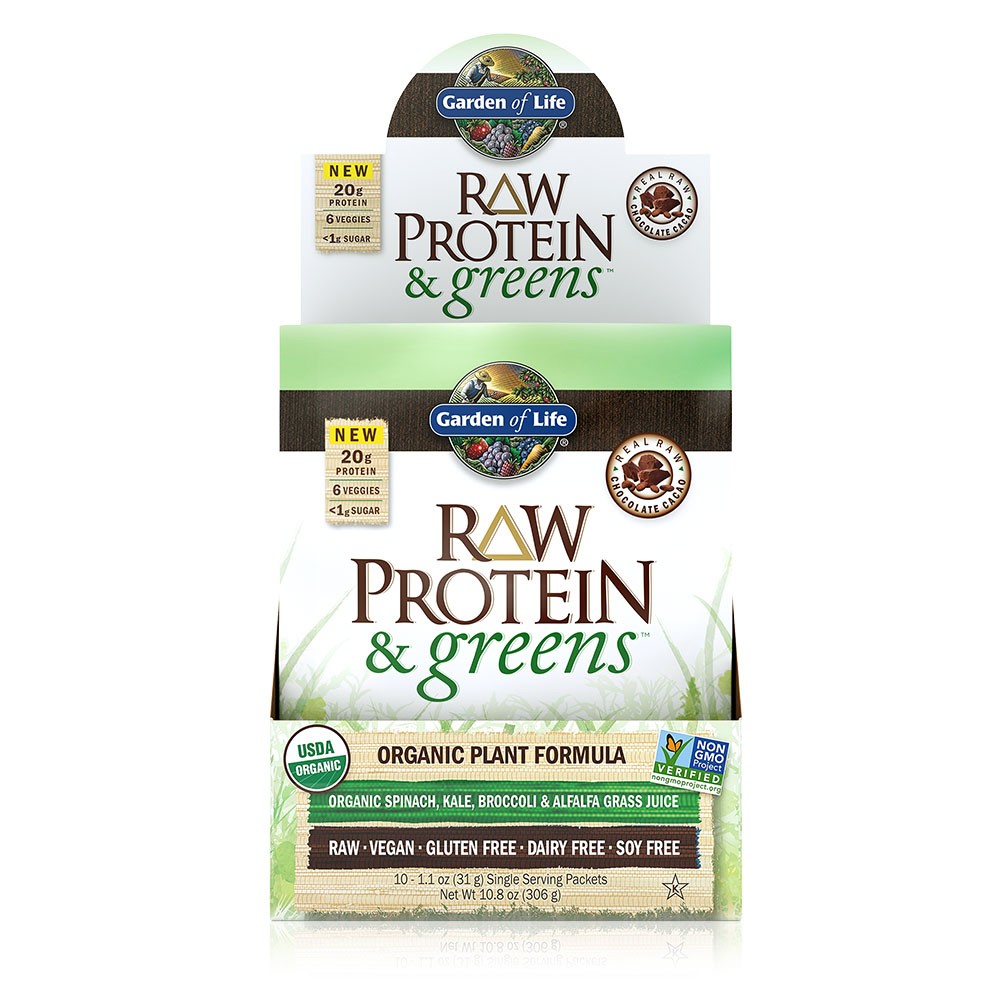 Garden of Life - Raw Protein and Greens Chocolate Organic Powder 10ct Tray 1.1 oz.