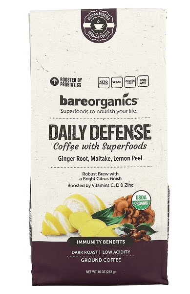 Bare Organics Daily Defense Coffee with Superfoods Ginger Root, Maitake, Lemon Peel 10oz 28Servings