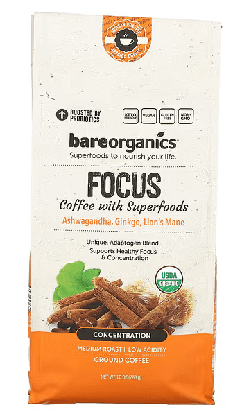 Bare Organics Focus Coffee with Superfoods Ashwagandha, Ginkgo, Lion's Mane 10oz 28Servings