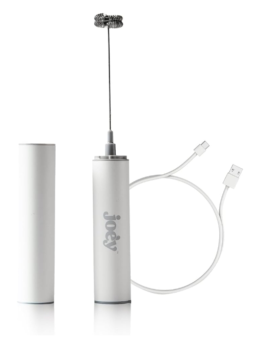 Joe'y Electric Milk Frother, USB Rechargeable Handheld Mixer, Dual Speed Stainless Steel Frother Wand with Double Whisk, Includes Travel Case, White