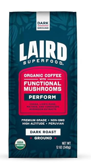 LAIRD Superfood - Organic Coffee with Functional Mushrooms Perform Dark Roast 12 oz Ground