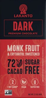 Lakanto Chocolate Bar Dark 72% box of 8 /  2.3Oz