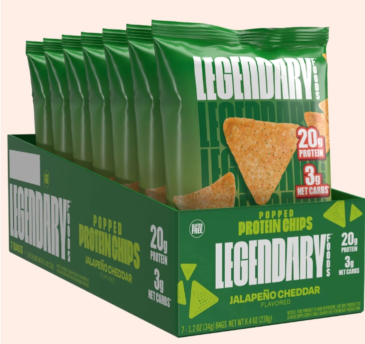 Legendary Foods Popped Protein Chips Jalapeno Cheddar 7Bags 20g protein 4g Net carbs