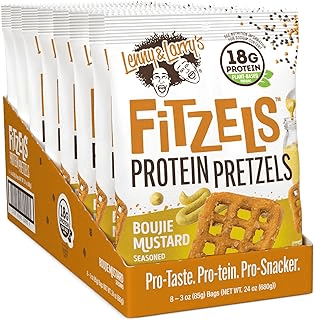 Lenny & Larry Fitzels Protein Pretzels Box of 8 bags Boujie Mustard Flavored 