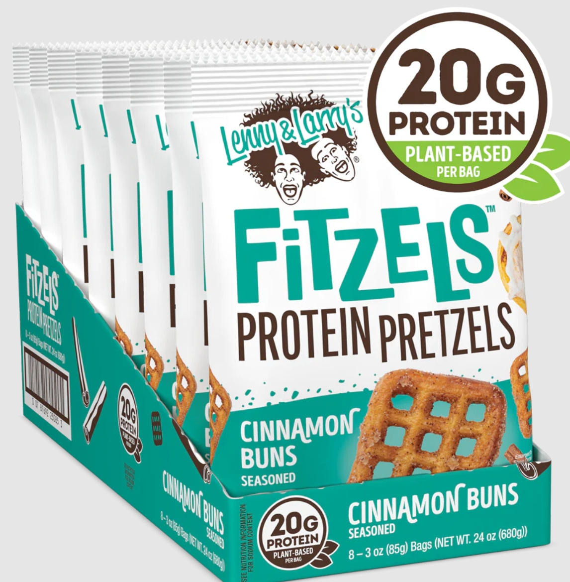 Lenny & Larry Fitzels Protein Pretzels Box of 8 bags Cinnamon Buns Flavored