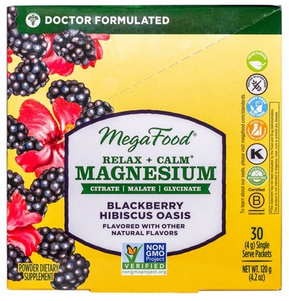 Megafood -  Relax + Calm Magnesium Powder, Blackberry Hibiscus Oasis Flavor 30 box