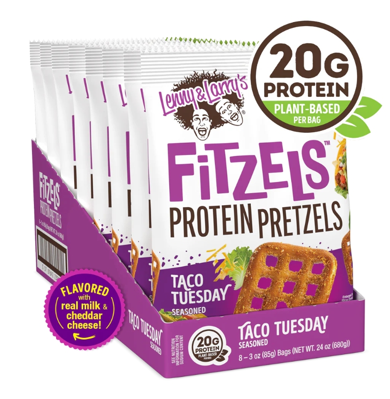 Lenny & Larry Fitzels Protein Pretzels Box of 8 bags Taco Tuesday Flavored