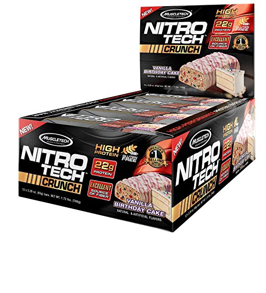 Muscletech - Nitro-tech Crunch Bar  Vanilla Birthday Cake - 12 Bars 22g protein 2.29oz