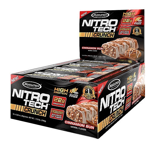 Muscletech - Nitro-tech Crunch Bar Cinnamon Bun - 12 Bars 22g protein 2.29oz