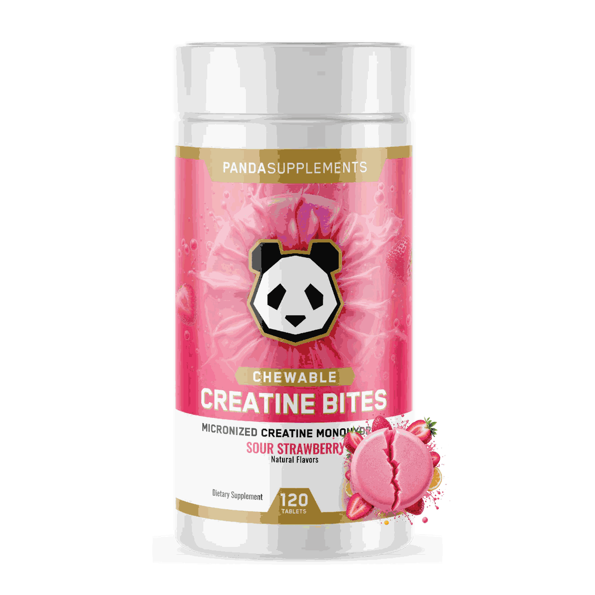 Panda Supplements Chewable Creatine Monohydrate Bites 120 Tabs Sour Strawberry Flavor