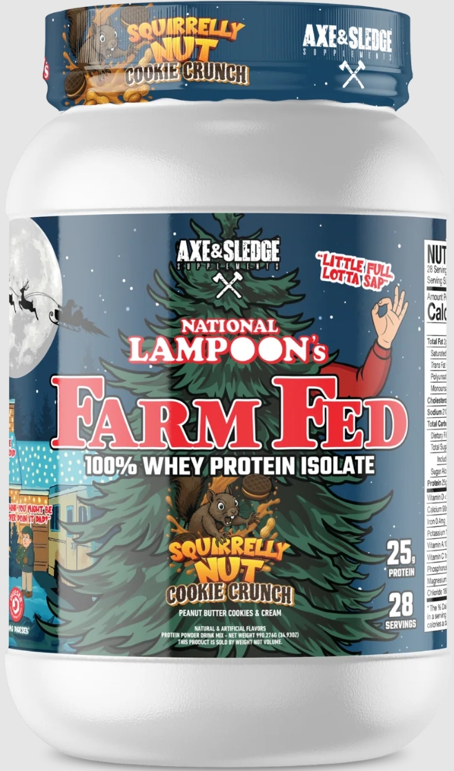 Axe & Sledge Farm Fed (Grass Fed 100% Isolate w/ Digesorb) 30serv  Nation Lampoon's Squirelly Nut Cookie Crunch