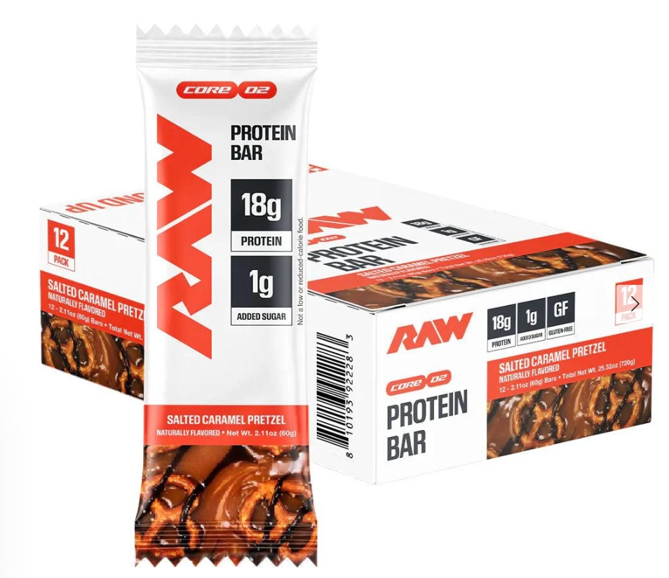 RAW Protein Bar 18g Protein Salted Caramel Pretzel Flavor 12 bars