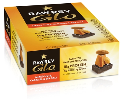 Raw Revolution Glo Bar Mixed Nuts, Caramel & Sea Salt 12 1.6 oz bars-OUT OF STOCK