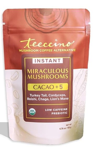 Teeccino Instant Herbal Coffee Caffeine Free Miraculous Mushrooms (Cacao +5)  15 Servings