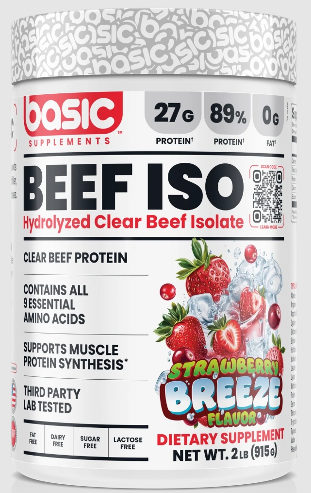 Basic Supplements Beef Iso Hydrolyzed Clear Beef Isolate 2 lb Strawberry Breeze Flavor 30 Servings