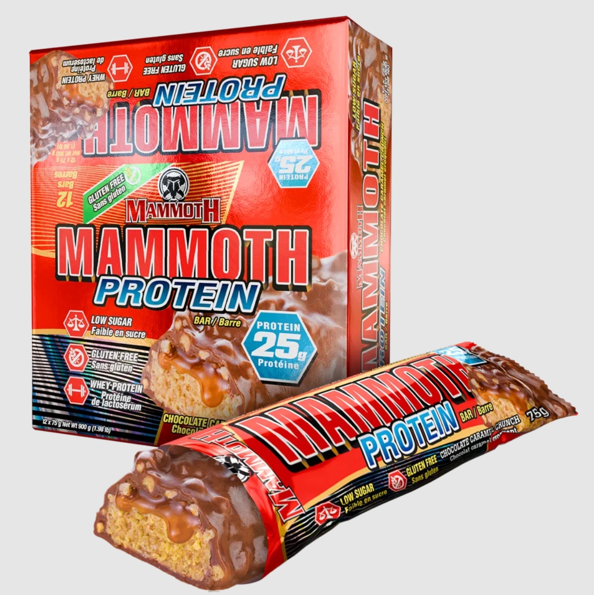 Mammoth Protein Bar 25g Protein Chocolate Caramel Crunch Flavor 12 Bars
