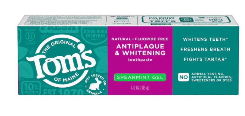 Tom's of Maine Toothpaste Fluoride-Free Antiplaque & Whitening Spearmint Natural  Gel 4 oz