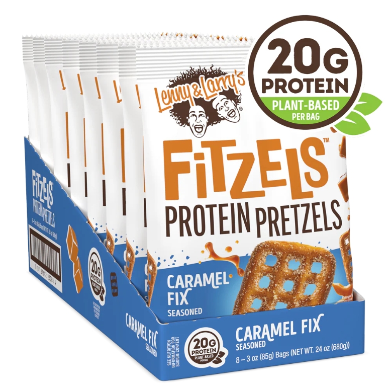 Lenny & Larry Fitzels Protein Pretzels Box of 8 bags Caramel Fix Flavored