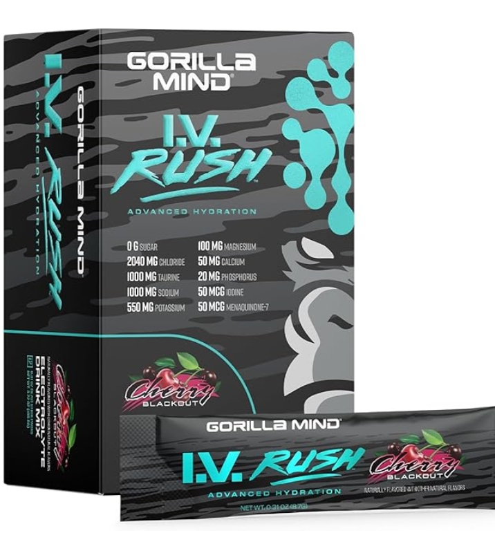 Gorilla Mind I.V. RUSH Electrolyte Mix 12stx Cherry Blackout Flavor