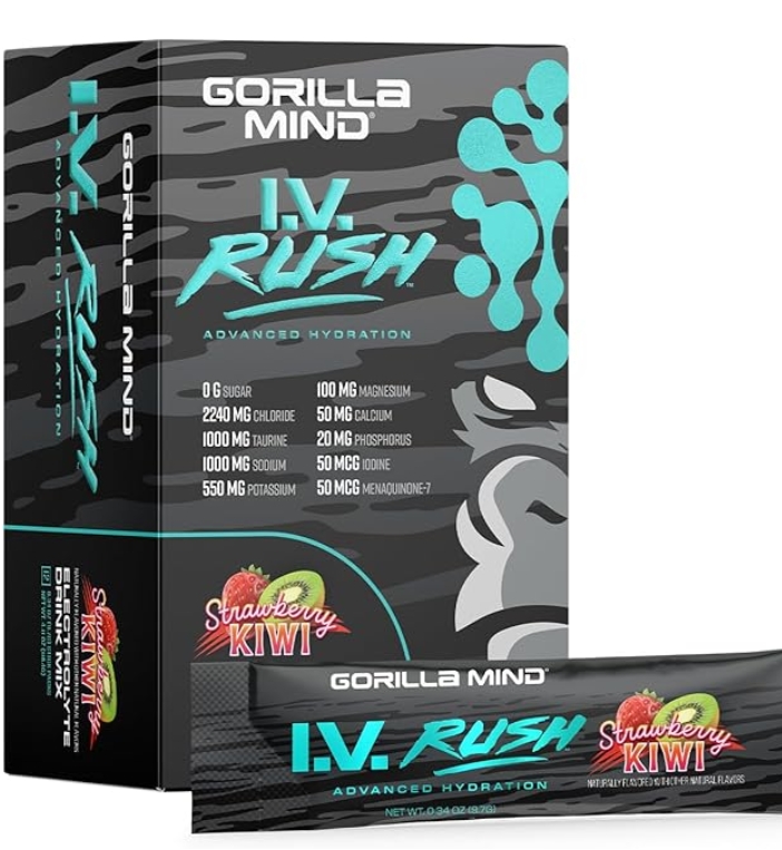 Gorilla Mind I.V. RUSH Electrolyte Mix 12stx Strawberry Kiwi Flavor