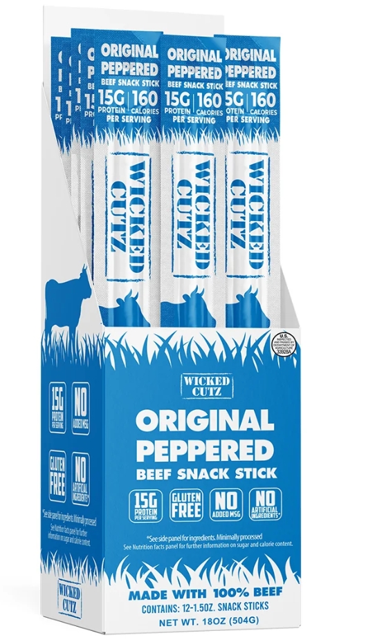 Wicked Cutz Beef Stick Original Peppered 15g Protein 12 Stx