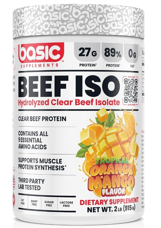 Basic Supplements Beef Iso Hydrolyzed Clear Beef Isolate 2 lb Tropical Orange Mango Flavor 30 Servings
