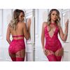 2 PC Plunging Teddy with Zipper Open Crotch & Stockings, Berry Kiss, One Size