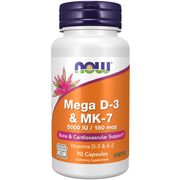 Mega D-3 & MK-7, Vitamins D3 & K2, 90 Capsules, NOW Foods