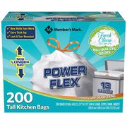 Member's Mark Power Flex Tall Kitchen Drawstring Trash Bags, 13 Gallon, 200 Bags