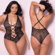 Soft Lace Teddy with Front Lace Up Detail, Black, Queen Size, Oh La La Cheri Lingerie