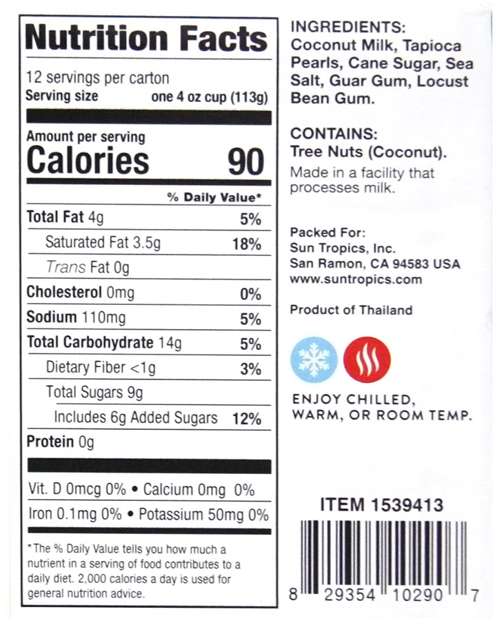 Sun Tropics Tapioca Boba Pudding with Coconut Milk, Original, 12 Cups