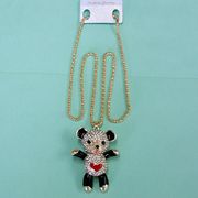 Women Fashion Rhinestone Bling Long Sweater Necklace - Black Bear with Red Heart