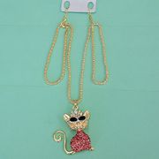 Women Fashion Rhinestone Bling Long Sweater Necklace - Pink Cat